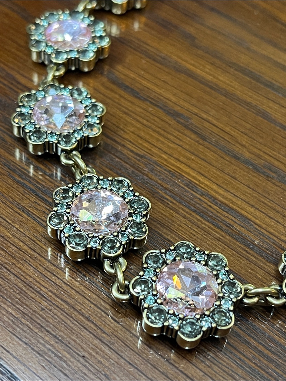 Coach Pink Crystal Floral-Link Necklace in Antiqued Gold - Picture 3 of 8